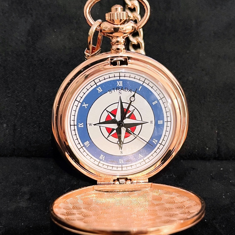 Strada Rose Gold Pocket Watch with 12”chain link and Nautical Compass